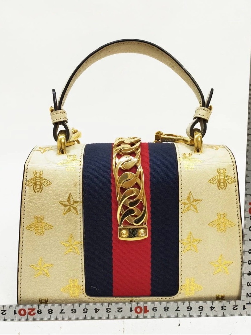 Gucci Cream Leather Top-Handle Shoulder Bag with Navy & Red Web - Picture 2 of 16